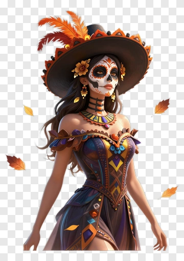 Colorful Day Of The Dead Woman In Traditional Attire PNG