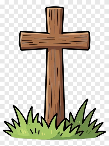 Cartoon Wooden Cross With Grass PNG