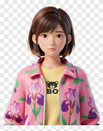 3D Cartoon Girl With Floral Jacket PNG