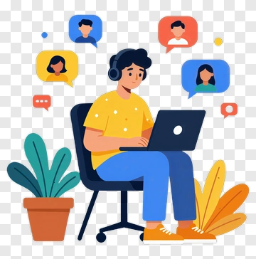 Person Working On A Laptop With Chat Bubbles PNG