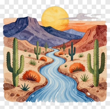 Desert Landscape With River And Cacti PNG