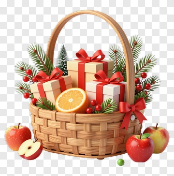 Gift Basket With Fruits And Presents PNG