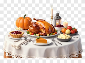 Thanksgiving Dinner Table With Roast Turkey And Pumpkin PNG
