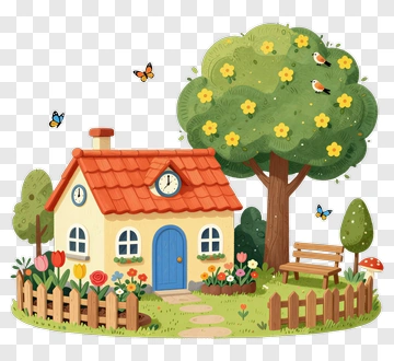 Colorful House With Garden And Tree PNG