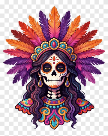 Colorful Sugar Skull Woman With Feather Headdress PNG
