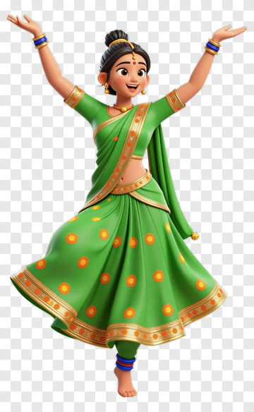 Cartoon Woman Dancing In Green Traditional Dress PNG