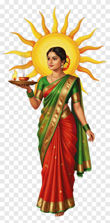 Woman In Traditional Saree Holding A Plate With Flames PNG
