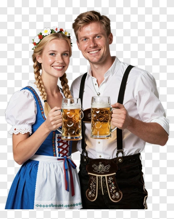 Couple Holding Beer Mugs In Traditional Attire PNG