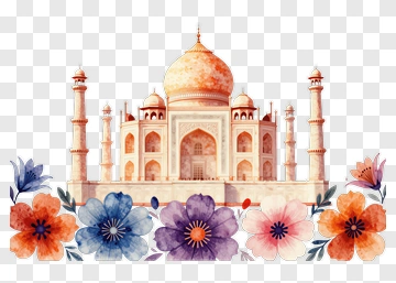 Watercolor Taj Mahal Surrounded By Colorful Flowers PNG