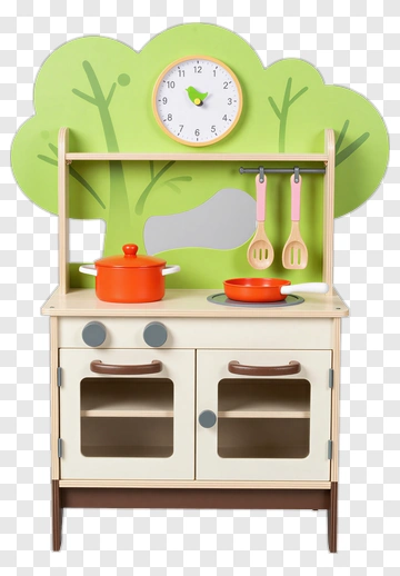 Wooden Play Kitchen With Clock And Accessories PNG
