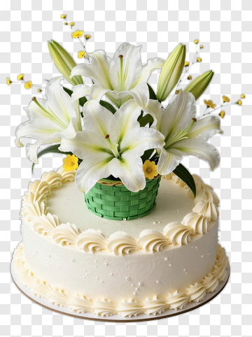 Cake Topped With White Lilies In A Green Basket PNG