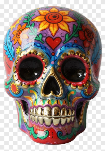 Colorful Sugar Skull With Floral Designs PNG