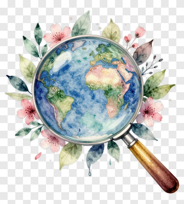 Magnifying Glass Over A Watercolor World Map PNG