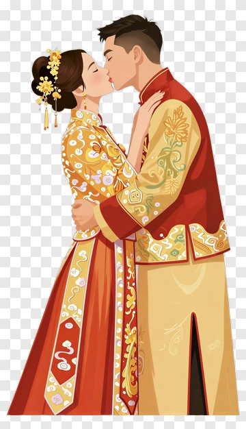 Couple Kissing In Traditional Chinese Wedding Attire PNG