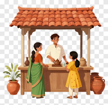Café Scene With Vendor And Two Customers PNG