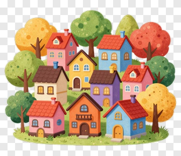 Colorful Cartoon Houses Surrounded By Trees PNG