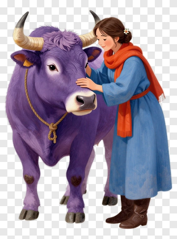 Woman Interacting With A Purple Cow PNG