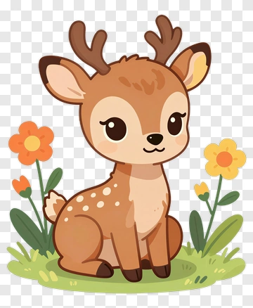 Cartoon Fawn Sitting Among Flowers PNG