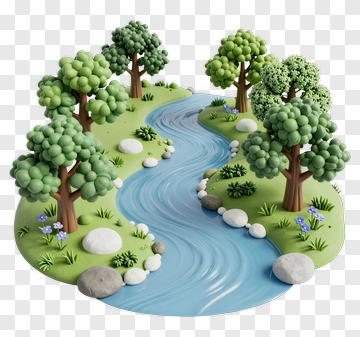 3D River Flowing Through A Green Landscape PNG