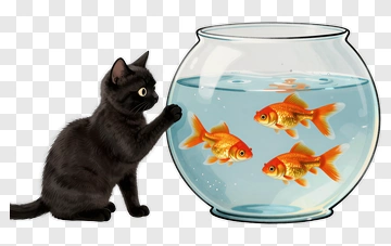 Black Cat Looking At A Goldfish Bowl PNG