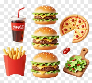 Fast Food Meal With Burgers, Fries, And Pizza PNG