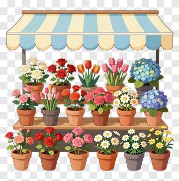 Colorful Flower Stand With Various Potted Plants PNG
