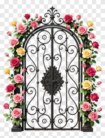 Ornate Garden Gate With Colorful Roses PNG