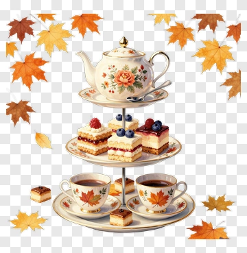 Tea Set With Pastries And Autumn Leaves PNG