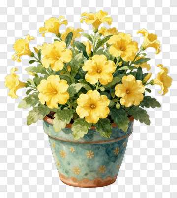 Yellow Flower Pot With Blooms PNG