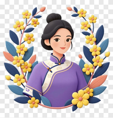 Cartoon Woman In Traditional Outfit Surrounded By Flowers PNG