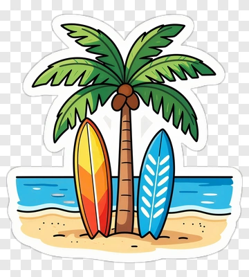 Cartoon Palm Tree With Surfboards On The Beach PNG