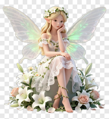 3D Fairy Sitting Among Flowers PNG