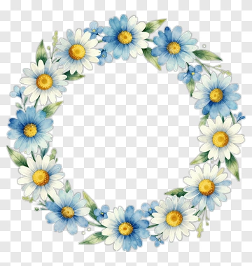 Watercolor Floral Wreath With Daisies And Blue Flowers PNG