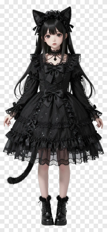 3D Catgirl In Black Gothic Dress PNG