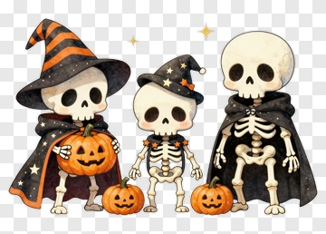 Cartoon Skeletons Holding Halloween Pumpkins PNG