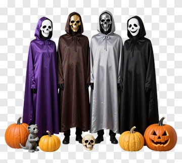 Halloween Group In Costumes With Pumpkins PNG
