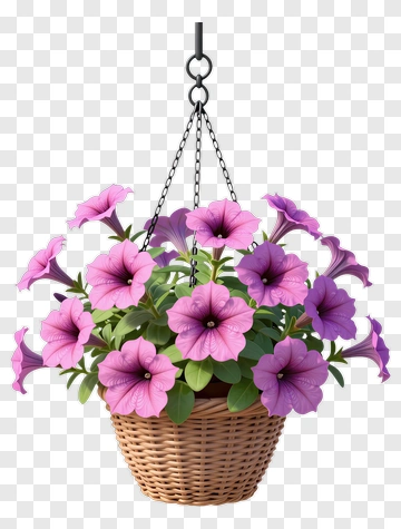 Hanging Flower Basket With Pink Petunias PNG