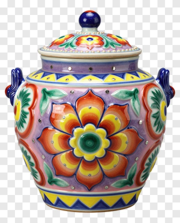 Colorful Ceramic Jar With Floral Design PNG