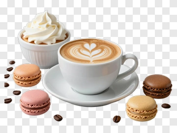 Coffee Cup With Macarons And Whipped Cream PNG