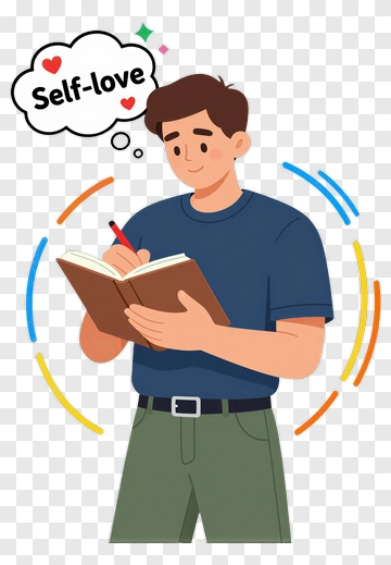 Cartoon Man Writing In A Notebook About Self-Love PNG