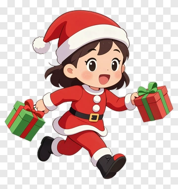 Cartoon Girl In Santa Outfit Holding Christmas Presents PNG