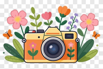 Camera Surrounded By Colorful Flowers PNG