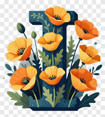 Floral Letter I With Orange Poppies PNG
