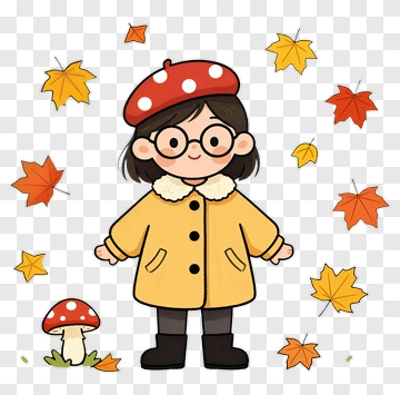 Cartoon Girl In Yellow Coat Surrounded By Autumn Leaves PNG