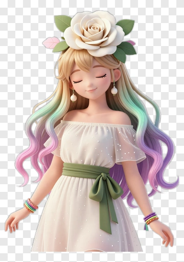 3D Girl With Flower Crown And Colorful Hair PNG