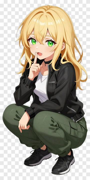 Anime Girl Squatting With Green Eyes PNG