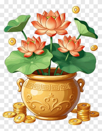 Colorful Lotus Flower Pot With Coins PNG
