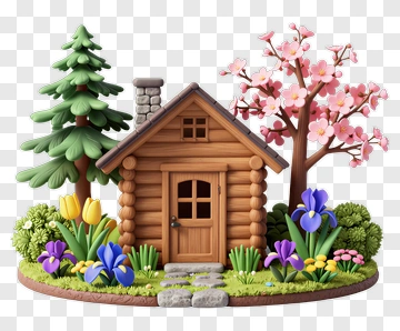 Colorful Wooden House Surrounded By Trees And Flowers PNG