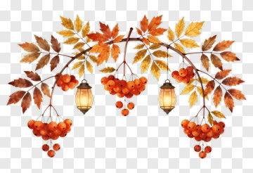 Autumn Leaves And Berries With Lanterns PNG