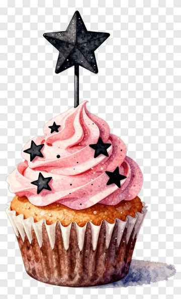Cupcake With Pink Frosting And Black Stars PNG